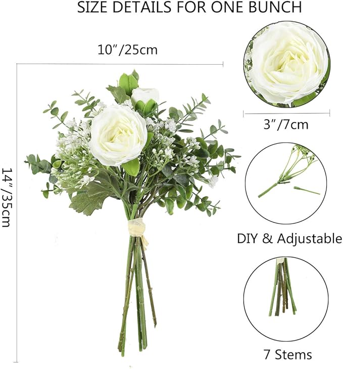 famibay Artificial Flowers 2 Pack White Artificial Roses with Stems Baby Breath for DIY Bouquets Wedding Centerpieces Party Table Decoration Home