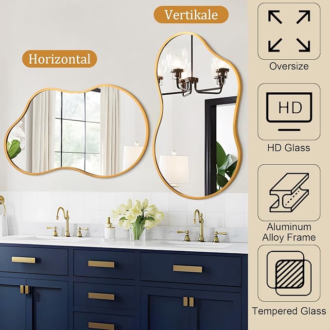Irregcular Wall Mirror 26"x16" Gold Asymmetrical Bathroom Mirror Metal Framed Modern Decorative Vanity Mirrors for Bedroom Living Room Entryway