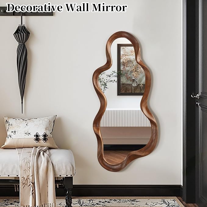 Asymmetrical Mirror Large Irregular Wall Mirror Modern Wood Frame Unique Artistic Mirrors Cute and Stylish Cloud Wavy Mirrors Decorative for Cloakroom Bedroom Living Room Bathroom Entryway 30"x14"