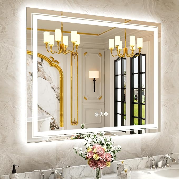 WTTY LED Bathroom Mirror 48"x32" with Back and Front Light,Modern LED Mirror for Bathroom,Dimmable Lighted Bathroom Vanity Mirror with Anti-Fog,Memory Function,Shatter-Proof,Wall Mounted