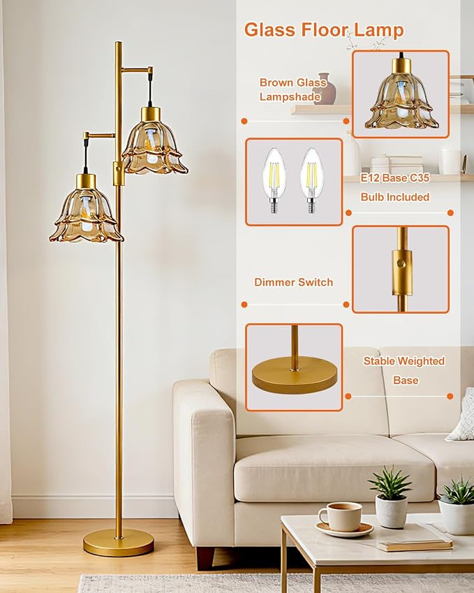 Lightdot 65IN Gold Flower Floor Lamp for Living Room, 2-Light Dimmable with Amber Glass Lampshade, 3000K Warm White Modern Standing Tall Lamp with 5Lbs Heavy Base for Bedroom Sofa Beside Corner Decor