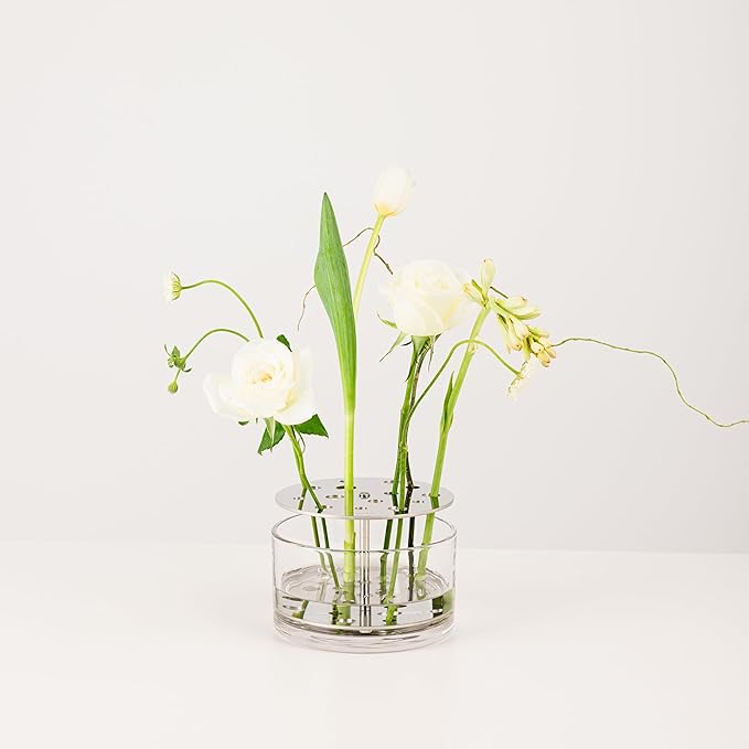 Ikebana Vase – Round Medium, Stainless Steel Stand, Luxury Modern Decorative Vase for Home, Table Centerpiece, Office