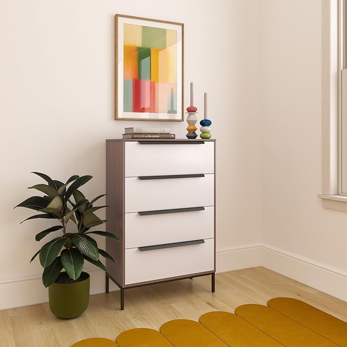 tinge Lira Premium Fabric Dresser - Solid Wooden Frame, 4 Spacious Sag-Proof Drawers with Sleek Metal Handles - Sleek & Durable Storage Solution for Your Home (Dark Brown)