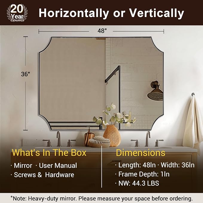 ANDY STAR 36"x48" Large Bathroom Mirror, Chrome Vanity Mirror, Scalloped Rectangle Mirror in Rustproof Stainless Steel Thin Frame, Aesthetic Scalloped Corner Design, Ideal for Large Bathroom Remodel
