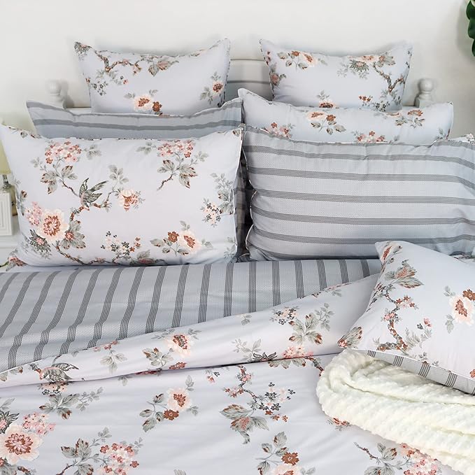 FADFAY Duvet Cover Set Full Elegant Floral Bedding Shabby Grey Bird Print Flower Quilt Cover Set Vintage Farmhouse Bedding 100% Cotton Soft Comforter Cover Set with Zipper Closure 3Pcs, Full Size