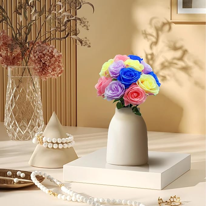 12 PCS Rose Artificial Silk Flowers, Fake Roses with Long Stems Realistic Faux Rose Flower Bouquets for Home Wedding Decoration Party-Mix Color