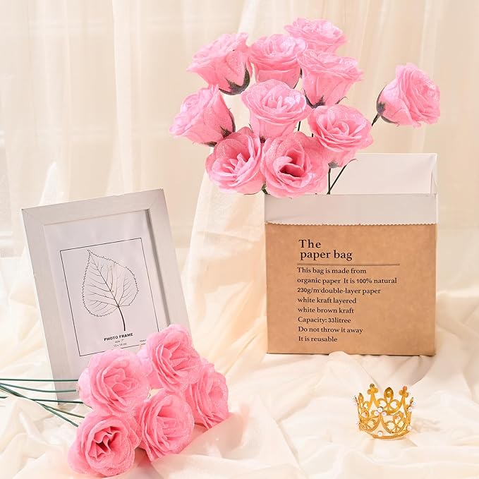Waipfaru 36 Pcs Glitter Roses Bouquet, DIY Fake Flowers Bouquet, Artificial Pink Rose Bouquet for Valentines, Mothers Day Gifts, Anniversary, Engagement, Wedding