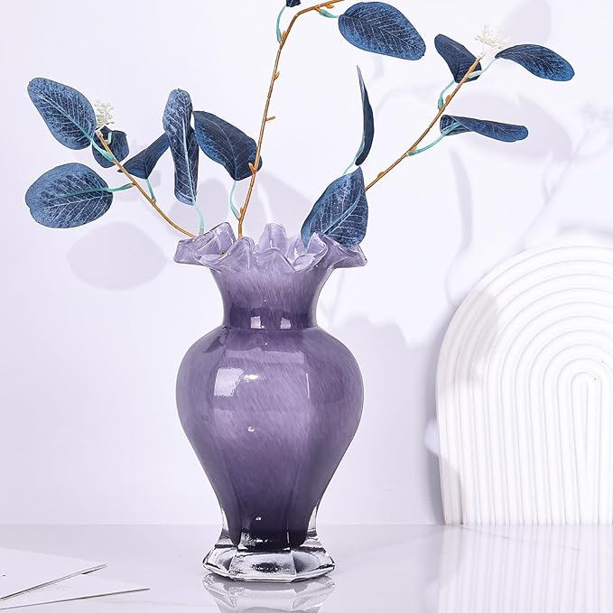 9.5" Tall Purple Glass Vase Beautiful Hand Blown Glass Decor Flowers Vases for Centerpieces, Modern Murano Glass Art Purple Vase, for Home Decor Table Entryway Wedding Decoration