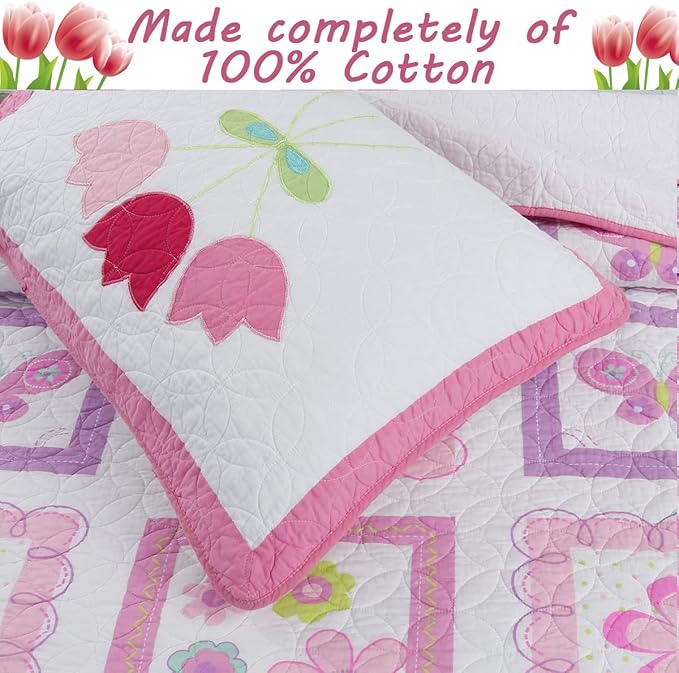 Cozy Line Home Fashions Pink Butterfly Tulip Floral Print Girl 100% Cotton Reversible Quilt Bedding Set, Coverlet, Bedspread (Twin - 4 Piece)