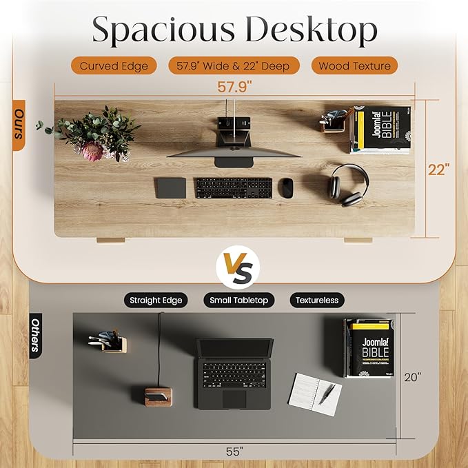 58" Fluted Home Office Desks with Storage, Modern Executive Desk Computer Desks with 5 Drawers & Cabinet, Wood Work Desk File Drawer for Office, Bedroom, Study, Living Room, Oak