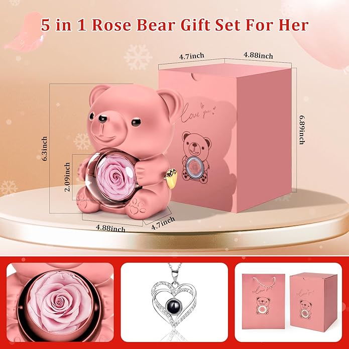 HITOP Rose Gifts for Women - Cute Teddy Bear with Preserved Real Roses Forever Flowers and I Love You in 100 Languages Necklace for Girlfriend Her Wife Mom Grandma on Birthdays, Anniversaries
