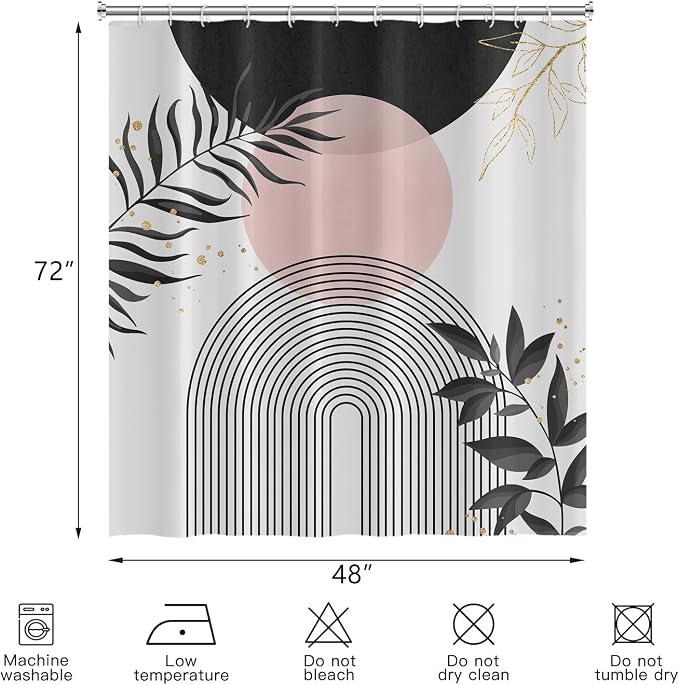 Boho Mid Century Shower Curtain,Black Pink Modern Minimalist Abstract Geometric Gold Plant Leaves Sun Arch Bathroom Curtains Waterproof Fabric Buthtub Curtain Set with Hooks 48" Wx72 L