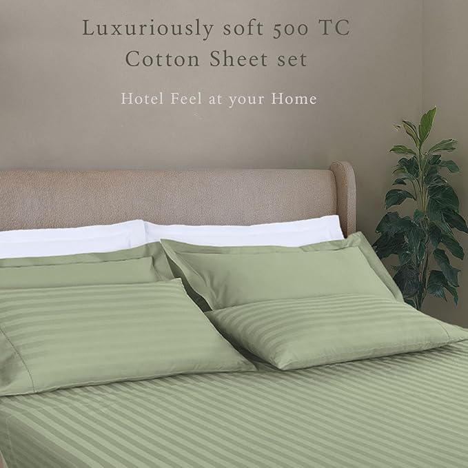 Threadmill 500 Thread Count King Size Damask Stripe, 4 Pc Luxury Cotton Bed Sheet Set, Silky Soft Sage Green Sheets with 16" Elasticized Deep Pocket, 2 Pillowcases & Free Tote Bag