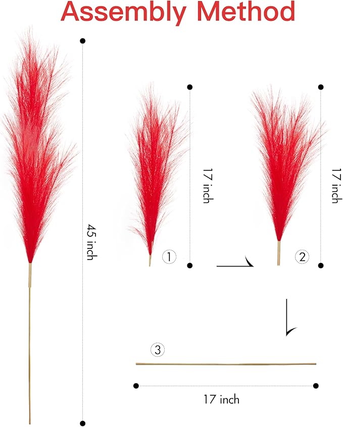 9 Pcs 45" Tall Pampas Grass Red Decor, Long Stem Artificial Flower Floor Vase Large Faux Floral Pompas Fake Plants Dried Bouquet Arrangement Vase Filler for Boho Home Wedding Decoration