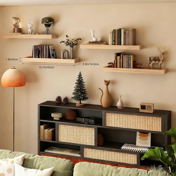 Oak Floating Shelves with Raised Lip, Wooden Wall Shelves for Bedroom Living Room Kitchen, Modern Bathroom Shelves for Wall, Decor Floating Shelves for Storage Display (Set of 2, 15.7 Inch)