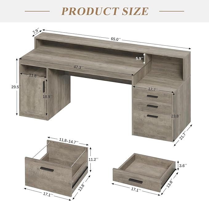 Executive Computer Desk with 3 Drawers & Storage Shelves, 65 Inch Home Office Desk with File Drawer & Cabinet, Writing Study Desks with Monitor Stand & Printer Shelf, Executive Desk, Grey