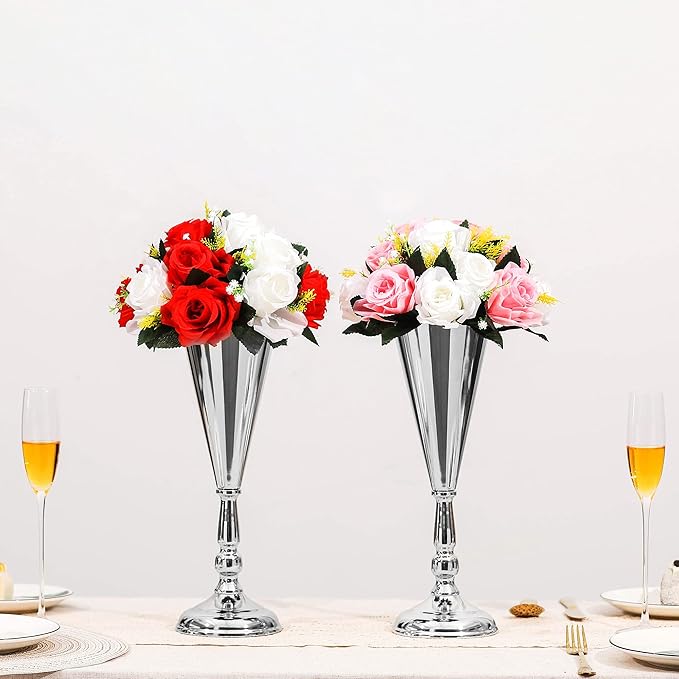 Set of 2 Tabletop Metal Wedding Flower Trumpet Vase Wedding Centerpiece Flower Vase for Wedding Event Decoration Living Decor Party Decor (Silver, 2×M)