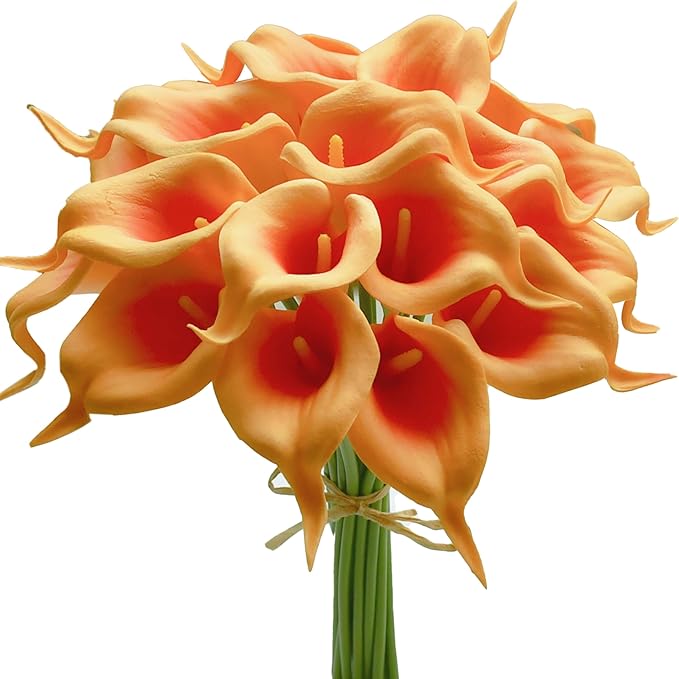 Mandy's PU Orange Calla Lily Artificial Flowers 20 Stems 13.5in Faux Realistic Centerpiece for Thanksgiving and Christmas Decorations DIY Bridal Bouquet Home Décor