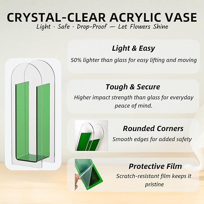 Acrylic Vase Creative Gifts Minimalist Design Wedding Centerpiece Home Office Decor Elegant Floral Display Stand(Not Including Flowers) (Semi-Green, 1PCS)