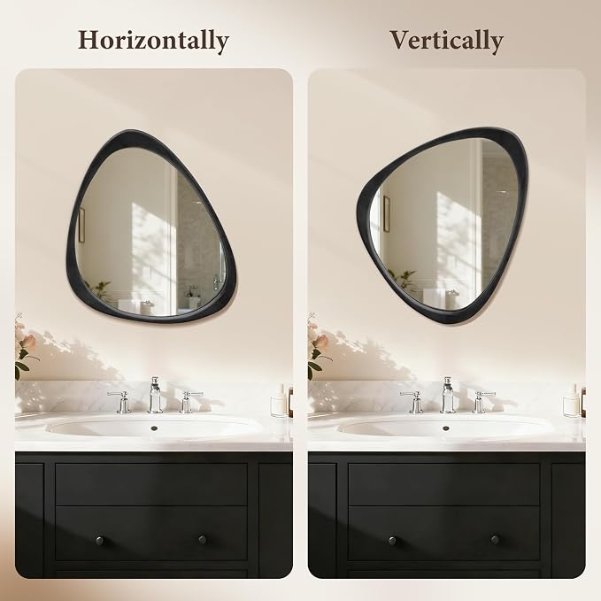 24''x19'' Asymmetrical Mirror with Wood Frame Black, Small Irregular Wall Mirror, Odd Shaped Mid Century Modern Mirror Decor for Bedroom Living Room Entryway Hall