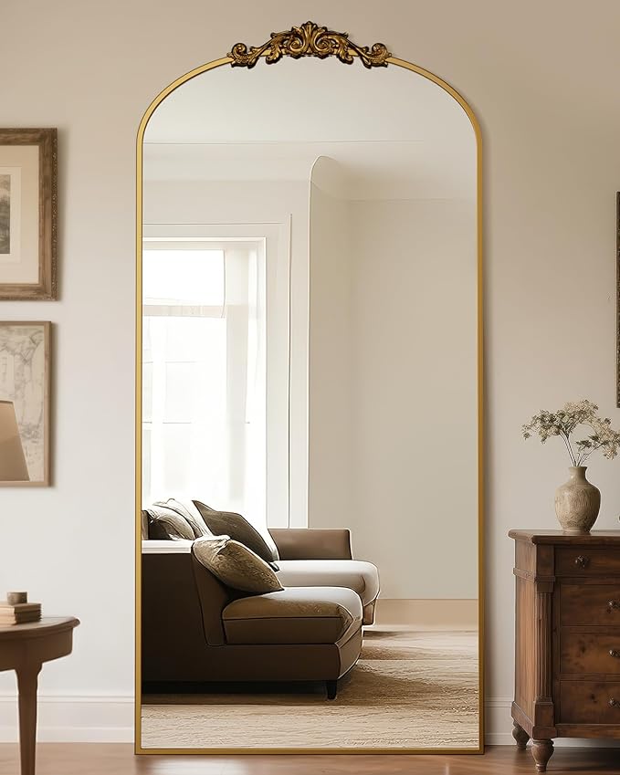 Antok Arched Full Length Mirror, 78"x38" Floor Mirror with Carved, Full Body Mirrors for HomeDecor, Standing/Halling Large Wall Mirror for Bedroom, Living Room, Cloakroom, Gold, Retro Style