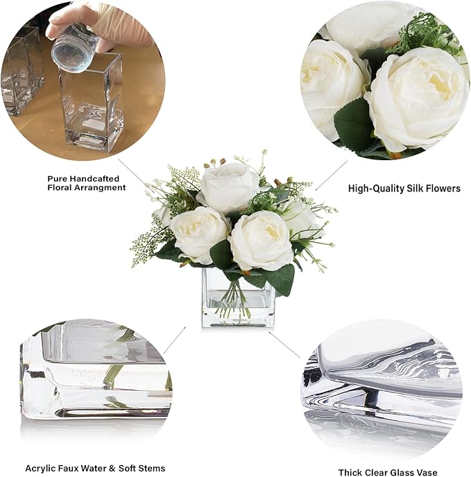 ENOVA FLORAL Artificial Flower Arrangement with Vase,Mixed Artificial Fake Silk Peony Flower in Vase for Decoration Home Office, Wedding Centerpiece (Cream)