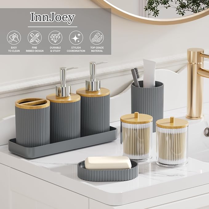 10PC Bathroom Accessories Set - Grey and Wooden Bathroom Sets, Bathroom Accessory Set with Pop Up Trash Can, Toilet Brush, Trash Can, Qtip Holder & Soap Dispenser