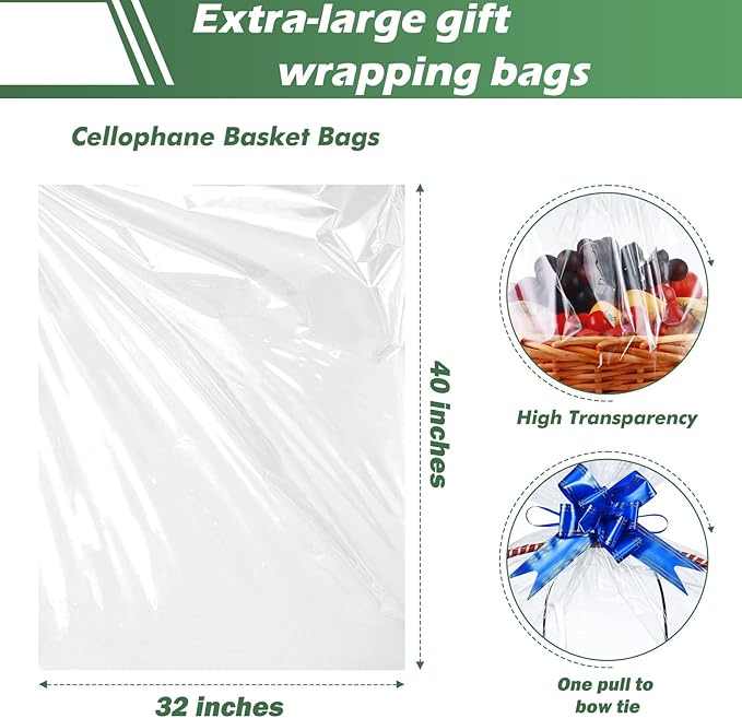100 Packs 32 x 40 Inches Extra-large Cellophane Bags for Basket Jumbo Clear Cellophane Wraps Clear Huge Transparent Cello Bags for Baskets, Gifts, Christmas Trees, Treats, Arts and Crafts, 100ct Blue Ribbon Bows