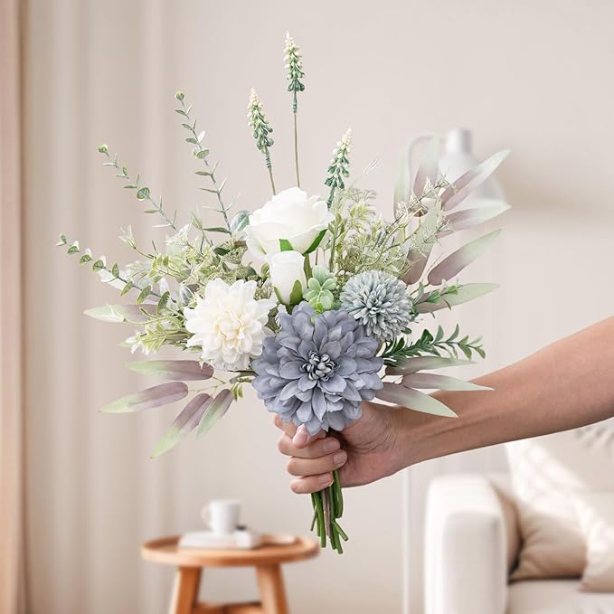 Fake Flowers in Vase, Artificial Flowers with Vase, 15.7'' Floral Arrangements for Dining Table Centerpiece Decor, Silk Roses & Faux Dahlia Bouquet for Farmfouse Kitchen Coffee Table Decor (Blue)
