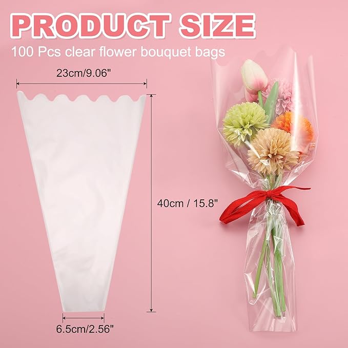 YELARXI Clear Flower Wrapping Bags, Transparent Flower Packaging Bag Waterproof Durable Bouquet Sleeves - Fitting for (Florists/Floral Arrangements Supplies), 9.1x2.6x15.7 Inch & 100Pcs