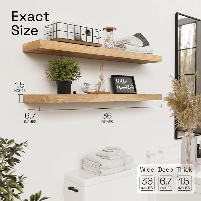 BAOBAB WORKSHOP Natural Wood Floating Shelves for Wall 36 Inches Long, Heavy Duty Wall Shelf for Bedroom, Solid Wooden Bathroom Shelf Large Kitchen Farmhouse, Oak Floating Shelf, 36W × 6.7D, Set of 2