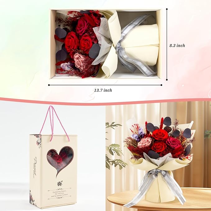 Preserved Flowers Bouquet Roses with Vases,Real Birthday Flowers for Delivery Prime,Forever Glitter Rose Bouquets Kit,Handmade Eternal Rosas Butterfly Gifts for Mom Birthday Women Girl (Red)