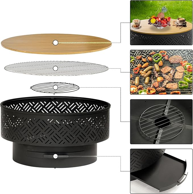 OutVue 32" Wood Burning Fire Pits with Grill & Lid, Fire Pit Table for Outside with Waterproof Cover & Fire Poker, Outdoor Firepit with Functions for BBQ,Table and Bonfire
