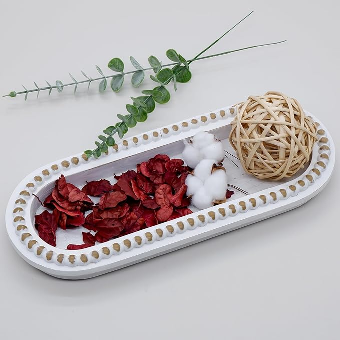 Wood Serving Tray, Wooden Bead Decorative Tray, White Washed Coffee Table Tray for Ottoman, Rustic Distressed Decor for Home, Kitchen, Farmhouse (White)