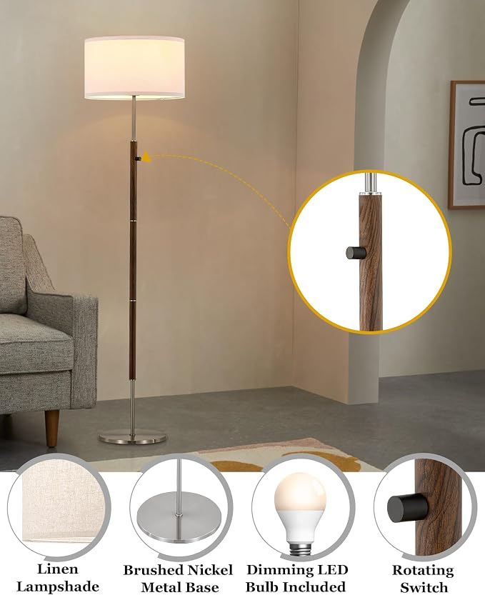 ELYONA Dimmable Floor Lamp Walnut Wood Grain & Brushed Nickel Standing Lamp Mid Century Modern Coner Pole Lamp with White Fabric Shade & Rotary Switch for Living Room Bedroom Office,LED Bulb Included