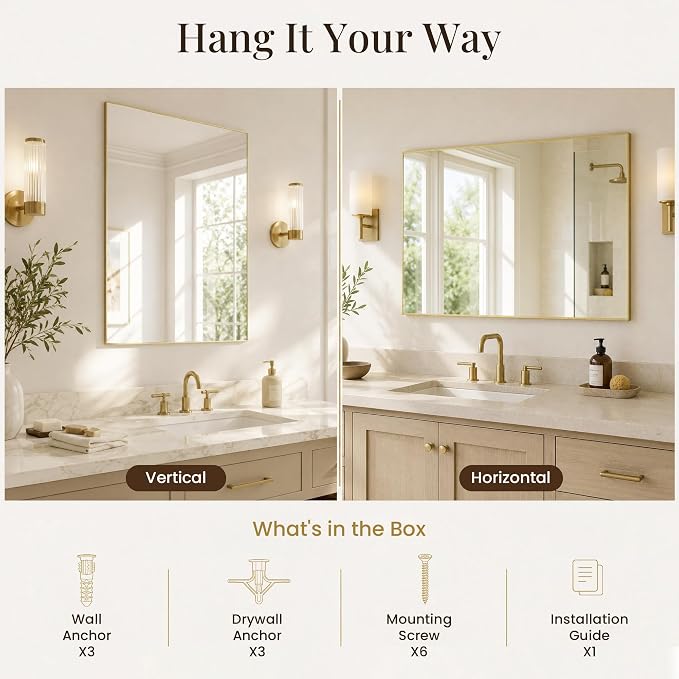 24"x36" Gold Bathroom Mirror for Wall, Shatterproof Tempered Glass, Champagne Gold Tone Rectangle Narrow Frame, H/V Wall-Mounted, Ultra-Flush