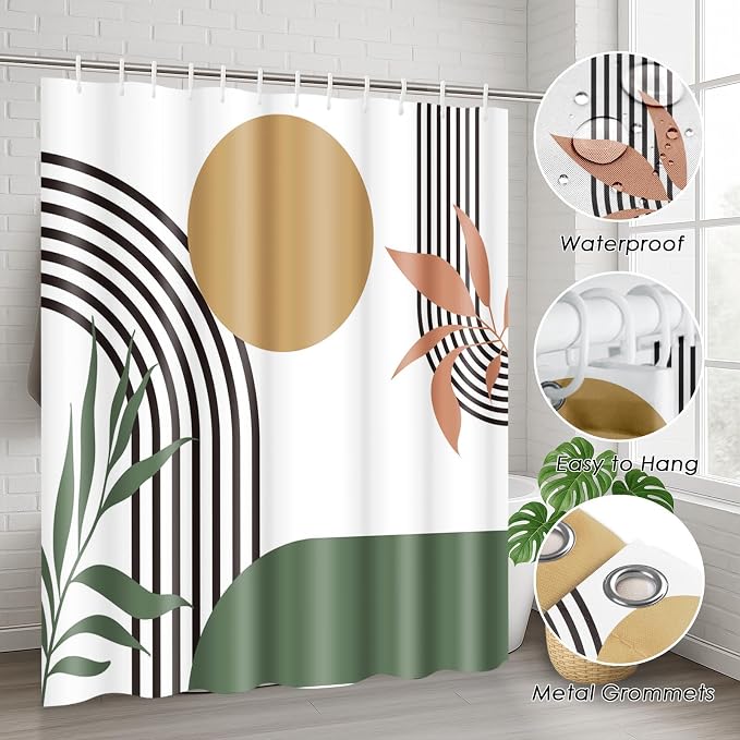 Boho Mid Century Shower Curtain Set with Toilet Lid Cover and Non-Slip Rugs, Abstract Green 4 Pcs Modern Minimalist Shower Curtain for Bathroom Set with 12 Hooks