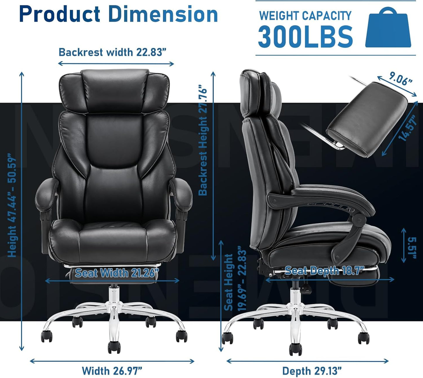 Skiennix High Back Office Chair - Ergonomic Bonded Leather with Adjustable Headrest & Footrest | Black