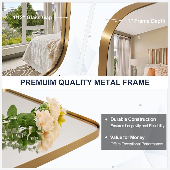 ANDY STAR 24x48 Gold Bathroom Mirror, Oblong Brass Mirror with Stainless Steel Metal Frame, Brushed Gold Oval Vanity Mirror for Over Sink, Modern Anti Rust Wall Mounted
