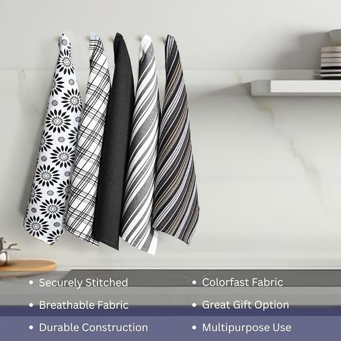 Assorted Kitchen Towels Set of 5-100% Cotton Dish Cloths Towels with Hanging Loop - Soft, Absorbent & Washable for Kitchen Use - Quick Drying Dish Towels 16x26 Inch Black