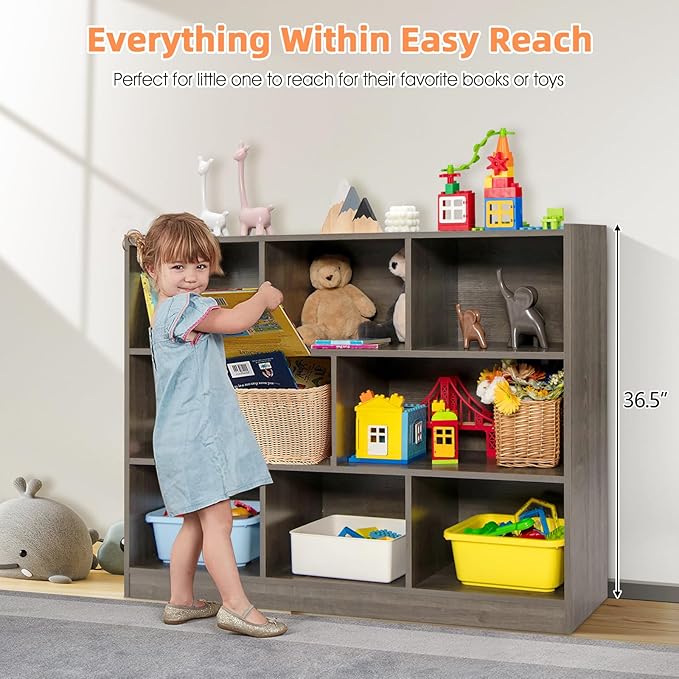 Costzon 3-Shelf Bookcase for Kids, Wooden Toy Storage Organizer for Books Toys, 8-Section Freestanding Classroom Daycare Montessori Bookshelf for Preschool, Home Playroom & Kindergarten (Grey)
