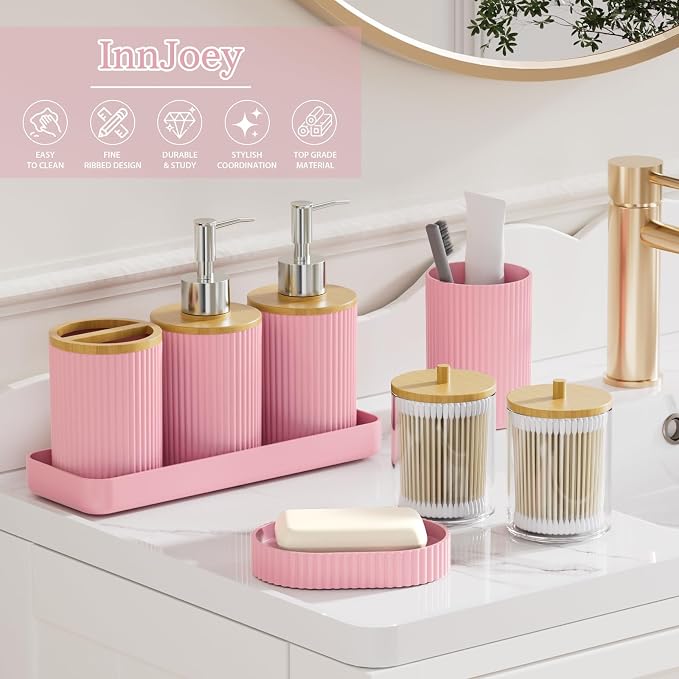 10PC Bathroom Accessories Set - Pink and Wooden Bathroom Sets, Bathroom Accessory Set with Pop Up Trash Can, Toilet Brush, Trash Can, Qtip Holder & Soap Dispenser