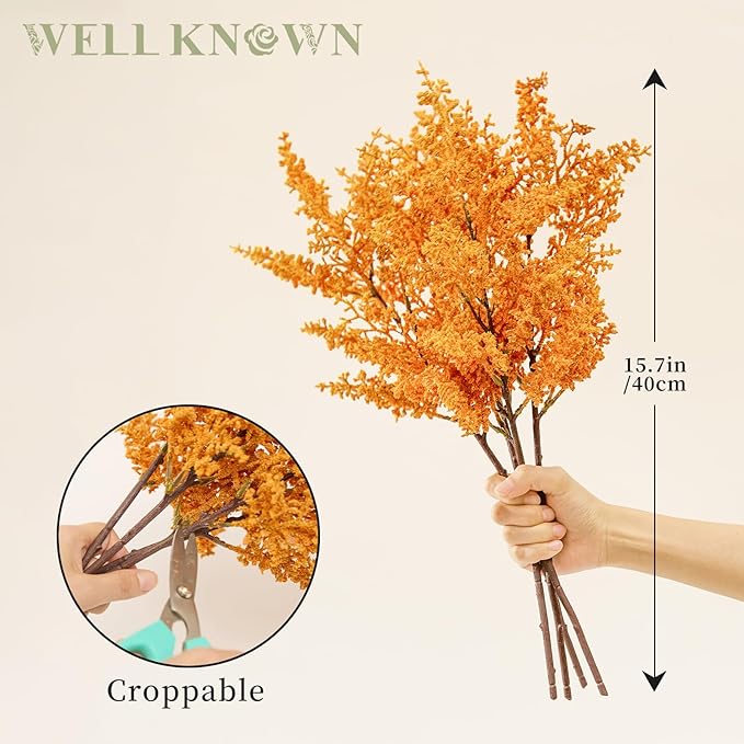 WELL KNOWN 4 Pcs Glitter Artificial Cedar Spray 19.5" Orange Floral Picks Faux Cedar Pine Branches Stems, Orange Floral Arrangements for Home Vase Wedding Wreath Xmas Tree Holiday Decoration Gift