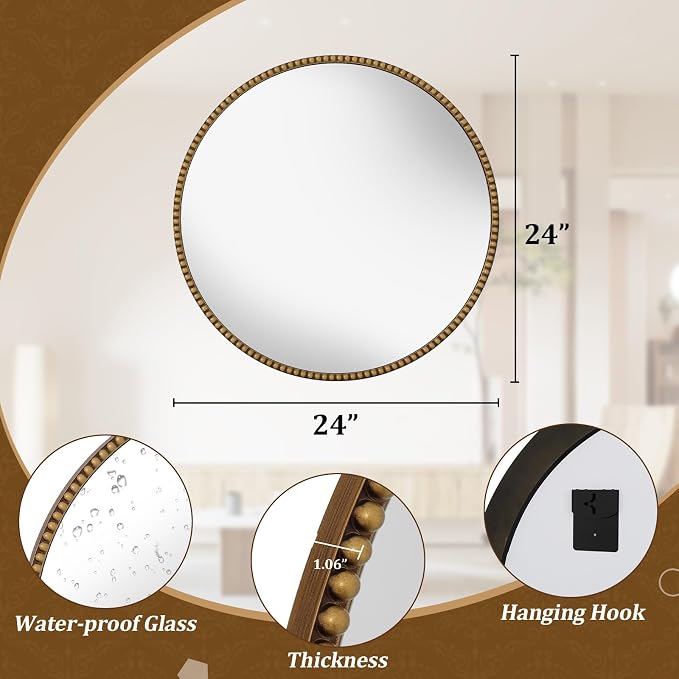24 Inch Round Bathroom Mirror - Luxurious Retro Beaded Circle Decorative Wall Mirror with PU Frame Hanging Leaning as Art Decor for Entryway, Bedroom, Living Room, Hallway, Gold