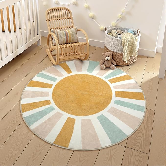 LIVEBOX Retro Sun Round Rug 4ft Boho Rug for Nursery Room,Non-Slip Circle Ultra Soft Cute Colorful Kids Rugs for Bedroom,Washable Throw Area Rugs Carpet for Living Room Indoor Office