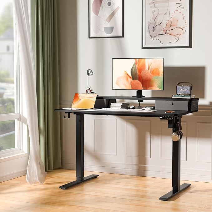 Electric Standing Desk with 2 Drawers 48''x 24'' Adjustable Height Sit to Stand Up Desk with Storage Shelf, C-Clamp Mount Compatible Black Home Office Desks Computer Gaming Table Ergonomic Workstation