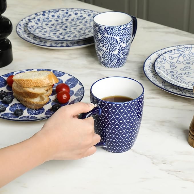 Selamica Ceramic Dinnerware Sets for 4, 16 Pieces Dishes Set, Scratch Resistant Plates and Bowls Sets, Microwave and Dishwasher Safe (Vintage Blue) A