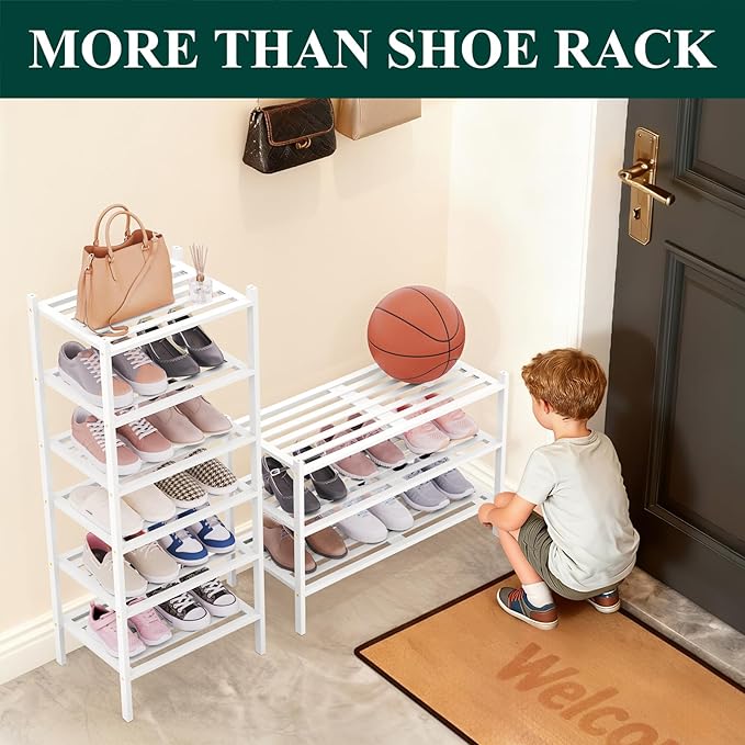 Smiry Bamboo Shoe Rack 5-Tier, Stackable Wooden Shoe Organizer for Entryway & Closet, Free Standing Wood Shoe Storage Shelf for Front Door & Small Spaces, White