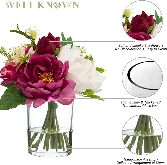 WELL KNOWN Artificial Flowers in Glass Vase with Fake Water, Silk Peony Flower Bouquet for Home Dinning Tea Table, Office Desktop, Hotel, Wedding, Party, Lavatory Decor & Gift (Fuchsia & White)