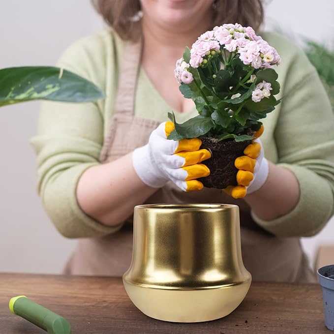 Brass Gold Plant Pot Indoor Planter Small Flower Pot 6 inch Ceramic Plant Flower Pot Container Decorative Gold Pots for All House Plants ,Succulents,Flowers and Cactus, Small 5.9‘’